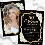 Elegant Black Gold White Photo 50th Birthday Invitation<br><div class="desc">Elegant floral 50th birthday invitation with your photo at the back of the card. Glam black and white design with faux glitter gold. Features white roses, script font and confetti. Perfect for a stylish adult bday celebration party. Personalise with your own details. Can be customised for any age! Printed Zazzle...</div>