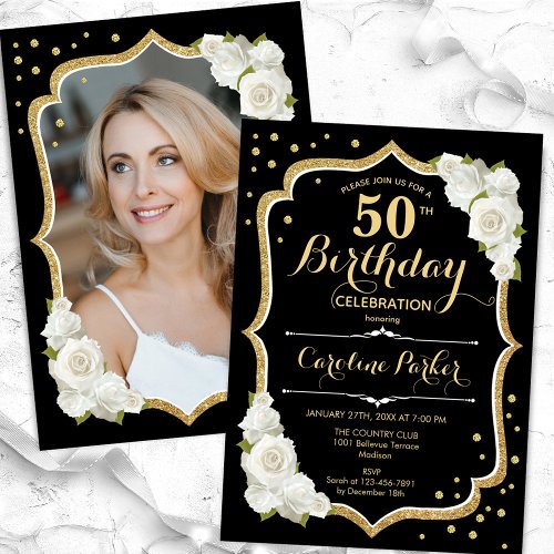 Elegant Black Gold White Photo 50th Birthday Invitation