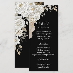 Elegant Black Gold White Rose Wedding Menu Card