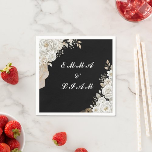 Elegant Black Gold White Rose Wedding Napkin