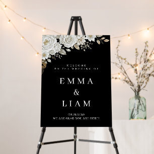 Elegant Black Gold White Rose Wedding Welcome Sign