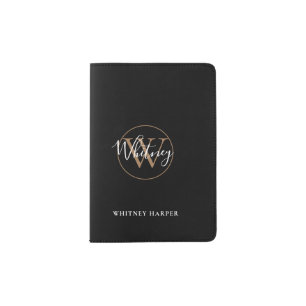 Elegant Black Gold White Script Monogram Name Passport Holder