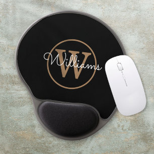 Elegant Black Gold White Script Name Monogram Gel Mouse Pad