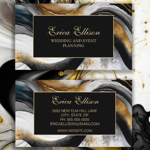 Elegant Black Gold White Wedding Planner Business Card