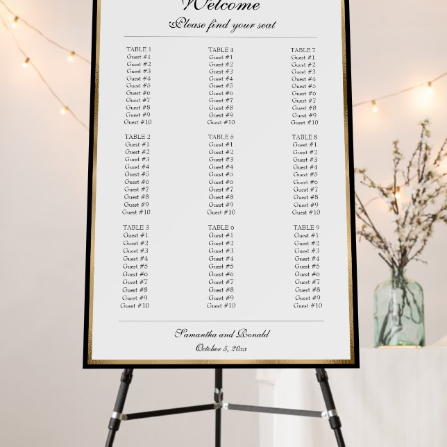 Elegant black gold white wedding seating chart foam board (In Situ (Stand))