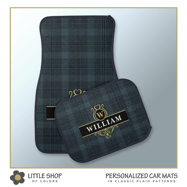Elegant Black Gold Windowpane Plaid Monogram Car Floor Mat (Creator Uploaded)
