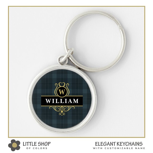 Elegant Black Gold Windowpane Plaid Monogram Keychain (Creator Uploaded)