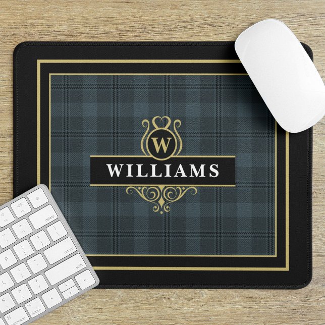Elegant Black Gold Windowpane Plaid Monogram Mouse Pad (Creator Uploaded)