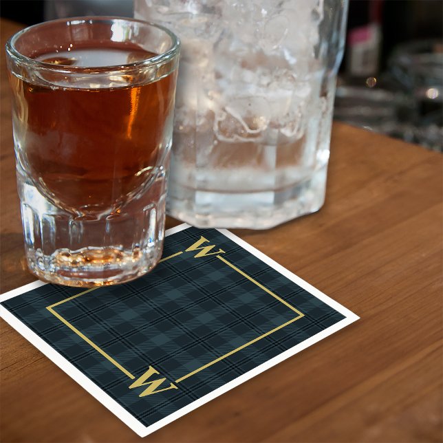 Elegant Black Gold Windowpane Plaid Monogram Napkins (Creator Uploaded)