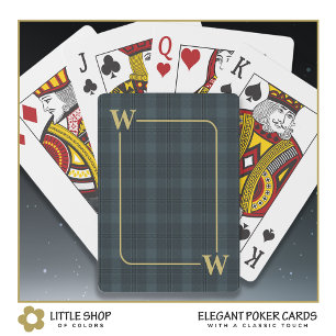 Elegant Black Gold Windowpane Plaid Monogram Poker Cards