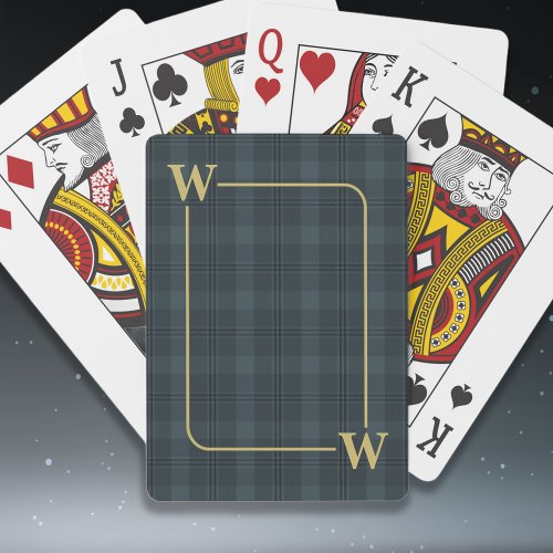 Elegant Black Gold Windowpane Plaid Monogram Poker Cards