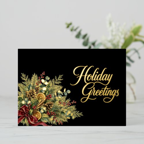 Elegant Black Gold Winter Botanical Logo Business Foil Holiday Card