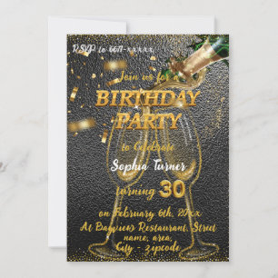 Elegant Black & Gold with Champagne 30th Birthday Invitation