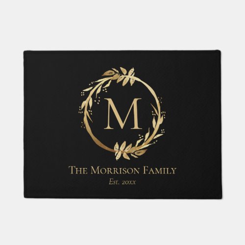 Elegant Black Gold Wreath Family Name Monogram Doormat