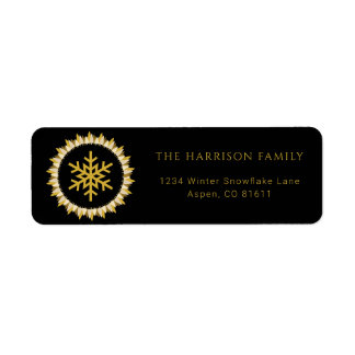 Elegant Black Gold Wreath Snowflake Christmas Label