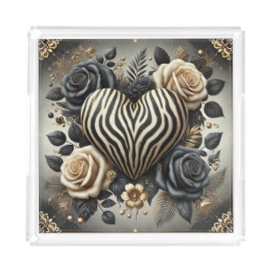 Elegant Black & Gold Zebra Heart Roses  Acrylic Tray