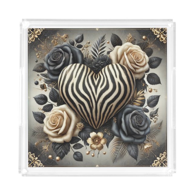 Elegant Black & Gold Zebra Heart Roses  Acrylic Tray (Front)