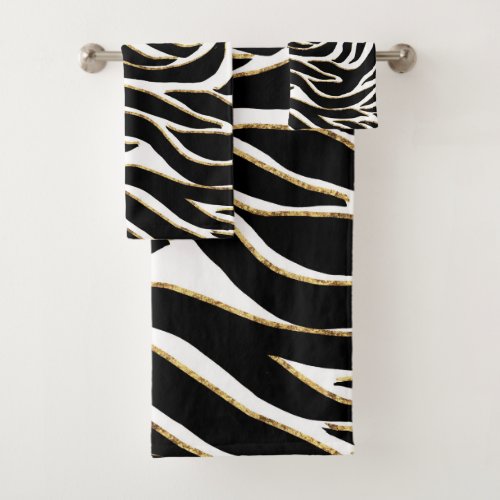 Elegant Black Gold Zebra White Animal Print Bath Towel Set