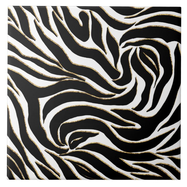 Elegant Black Gold Zebra White Animal Print Ceramic Tile (Front)