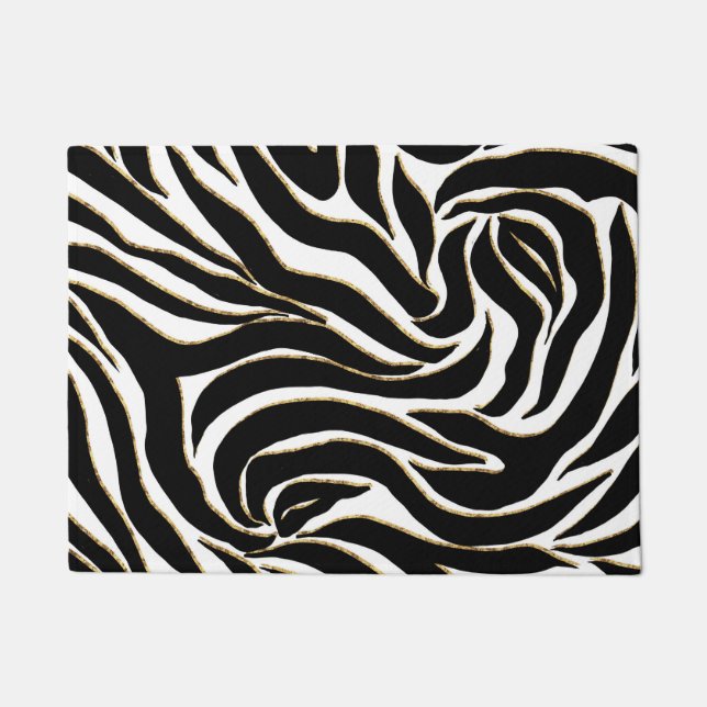 Elegant Black Gold Zebra White Animal Print Doormat (Front)