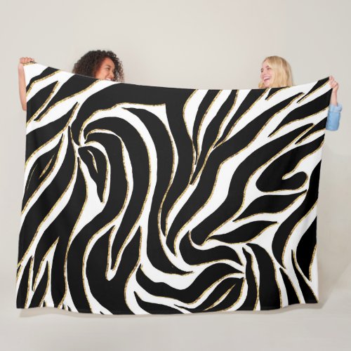 Elegant Black Gold Zebra White Animal Print Fleece Blanket