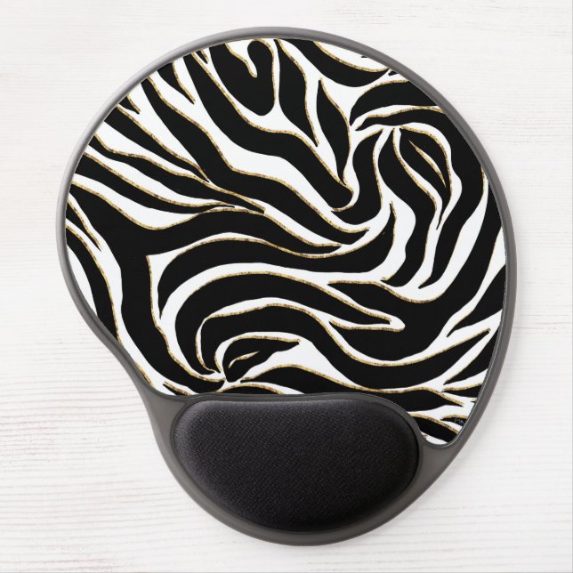 Elegant Black Gold Zebra White Animal Print Gel Mouse Pad (Front)