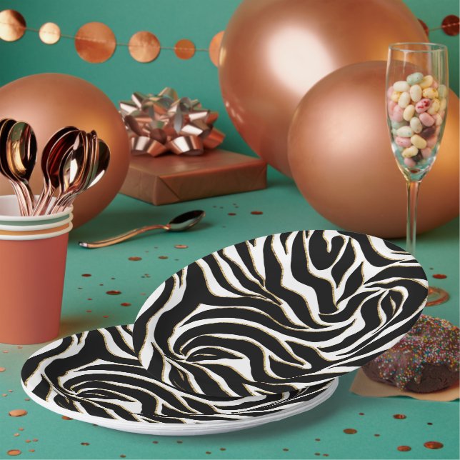 Elegant Black Gold Zebra White Animal Print Paper Plates (Multi)