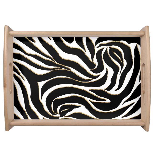 Elegant Black Gold Zebra White Animal Print Serving Tray (Front)