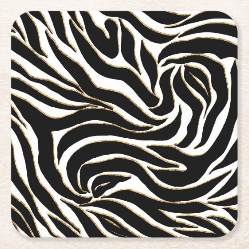 Elegant Black Gold Zebra White Animal Print Square Paper Coaster