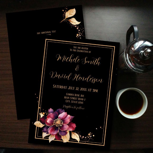 Elegant Black Golden Burgundy Watercolor Wedding Invitation (Creator Uploaded)