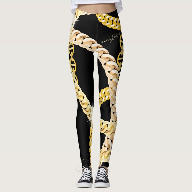 Elegant Black & Golden Chains Leggings (Front)