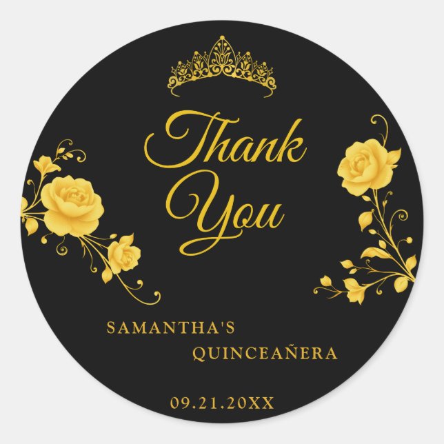 Elegant Black Golden Floral Quinceañera Thank You  Classic Round Sticker (Front)