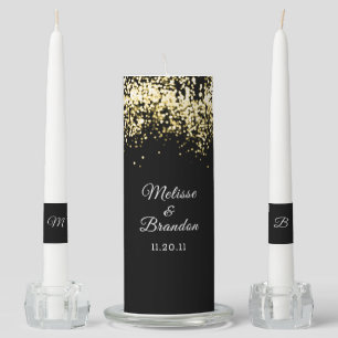 Elegant Black Golden Glitter Bride Groom Names Unity Candle Set