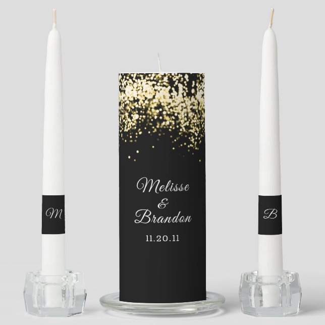 Elegant Black Golden Glitter | Bride Groom Names Unity Candle Set (Front)