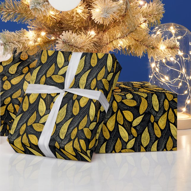 Elegant Black Golden & Grey Botanical Leaves Wrapping Paper (Holidays)