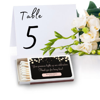 Elegant black golden string lights soft blush  matchboxes