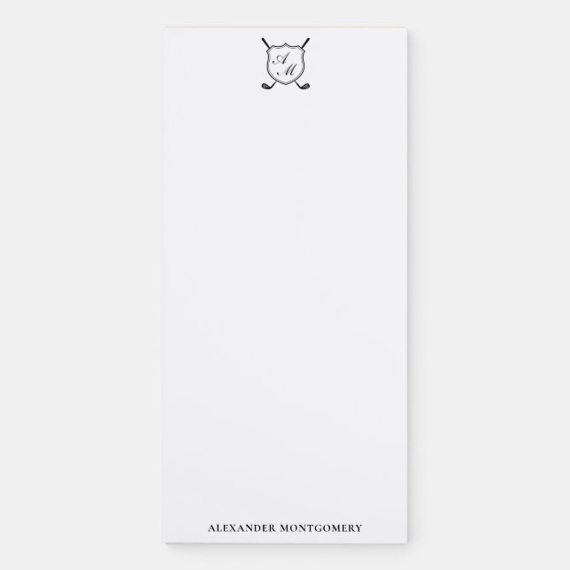 Elegant Black Golf Monogram Crest Magnetic Notepad (Front)