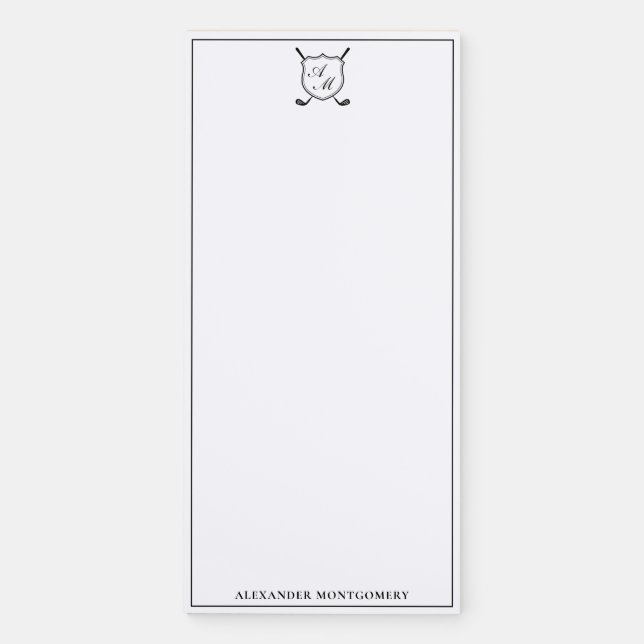Elegant Black Golf Monogram Crest Magnetic Notepad (Front)