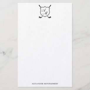 Elegant Black Golf Monogram Crest Stationery