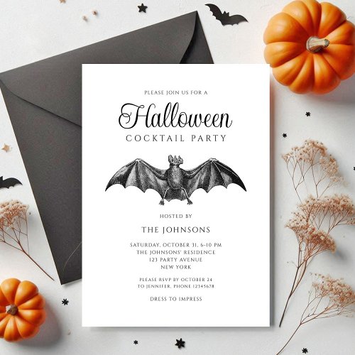 Elegant Black Gothic Bat Cocktail Party Halloween Invitation