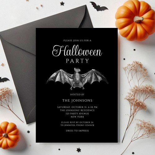 Elegant Black Gothic Bat Halloween Party Invitation