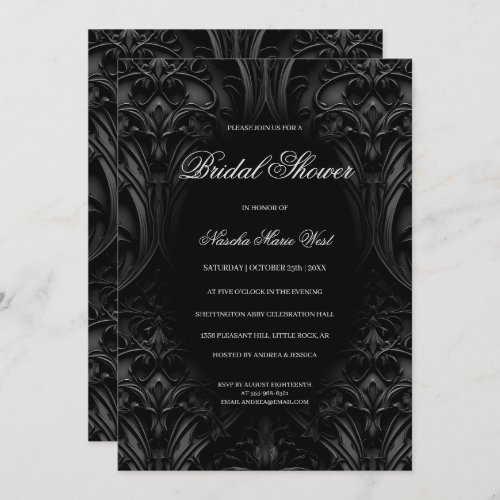 Elegant Black Gothic Damask Moody Bridal Shower Invitation