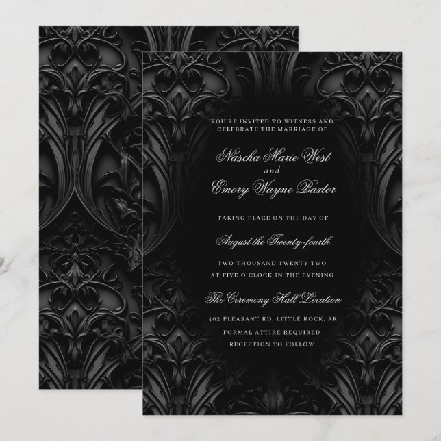 Elegant Black Gothic Damask Moody Wedding Invitation (Front/Back)