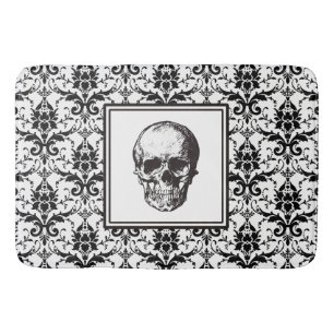 Elegant Black Gothic Damask Pattern Skull Bath Mat