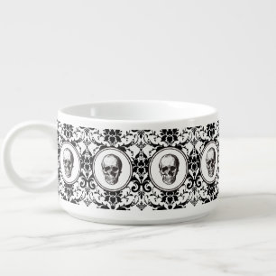 Elegant Black Gothic Damask Pattern Skull Bowl