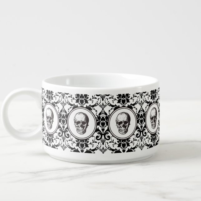 Elegant Black Gothic Damask Pattern Skull Bowl (Right)