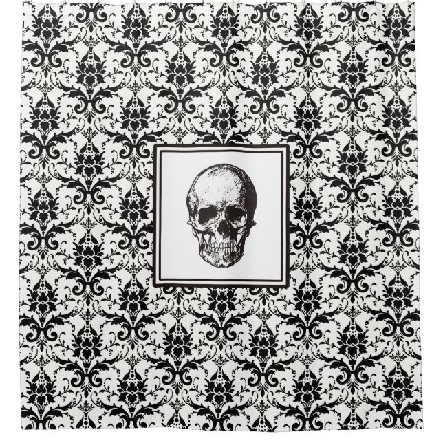 Elegant Black Gothic Damask Pattern Skull Shower Curtain (Front)