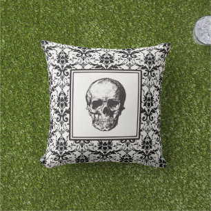 Elegant Black Gothic Damask Pattern Skull Throw Pillow