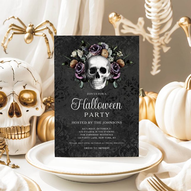Elegant Black Gothic Floral Skull Halloween Invitation (Elegant Black Gothic Floral Skull Halloween Invitation
)
