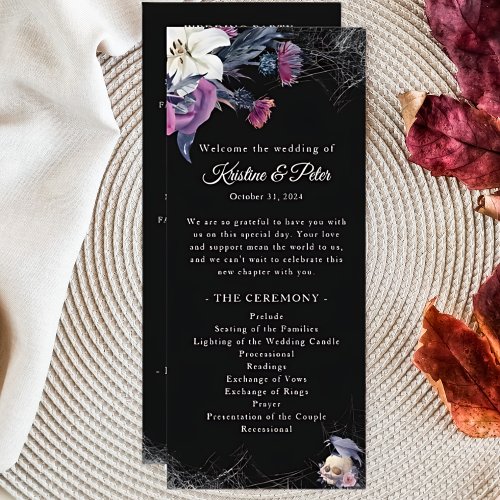 Elegant Black Gothic Floral Skull Wedding Program